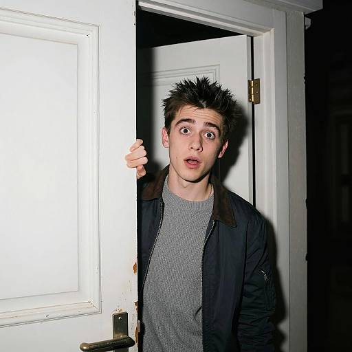 Surprised Young Man by Open Door