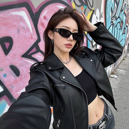 Photograph of a young woman with medium skin tone, dark hair, black sunglasses, black leather jacket, black crop top, and jeans, taking a