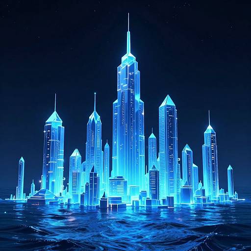 Glowing blue neon cityscape of skyscrapers rising from dark, starry waters, resembling a futuristic, illuminated metropolis at night. Digital