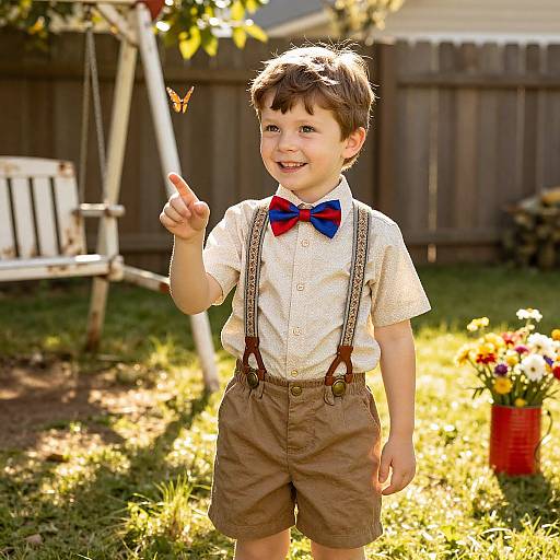 Photograph of a smiling young boy in white shirt, brown shorts, blue and red bowtie, and suspenders, pointing outside in a sunlit