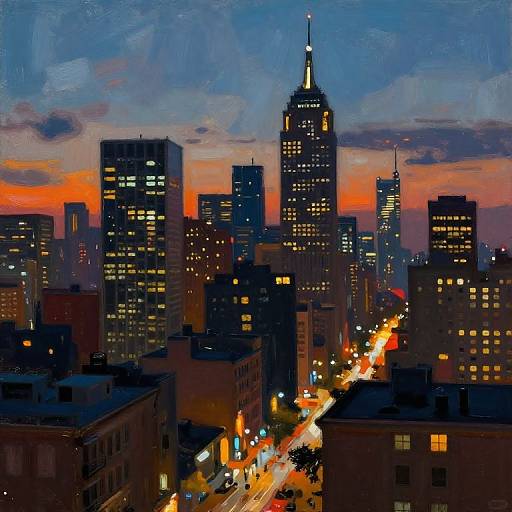 Digital painting of a cityscape at dusk, featuring tall skyscrapers with illuminated windows, vibrant orange and blue sunset sky, and glowing streetlights along