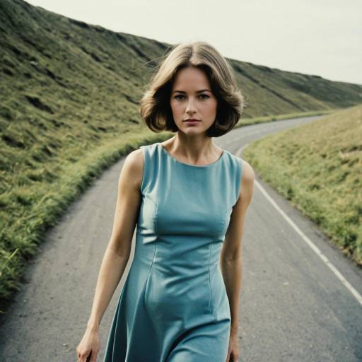 Woman in 1970s Style Dress on Curved Road