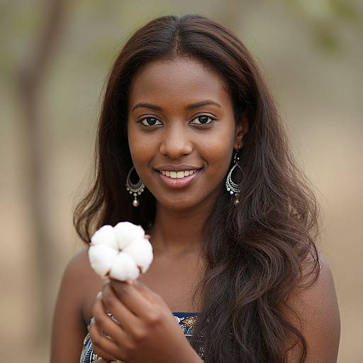 Photograph of a smiling young Black woman with long, wavy dark hair, wearing silver earrings, holding a white cotton candy in a blurred forest background