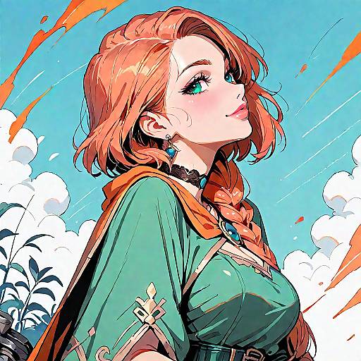 Anime Girl with Orange Cape and Green Dress