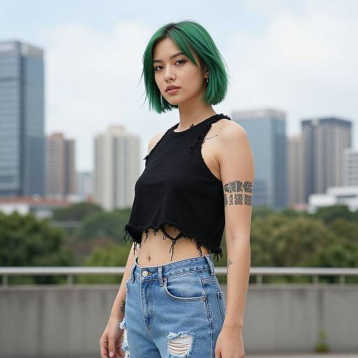 Photograph of a young woman with green hair, black crop top, and blue distressed jeans, standing in an urban rooftop setting with cityscape background.
