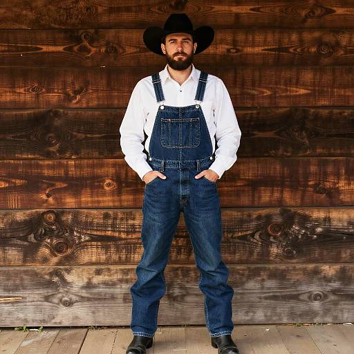 Photograph of a bearded man in white shirt, blue denim overalls, black cowboy hat, standing against a rustic wooden wall. Hands in pockets