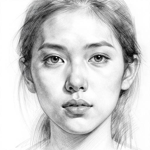 Monochrome pencil sketch of a young woman with light hair, soft features, and gentle expression, facing forward, white background.