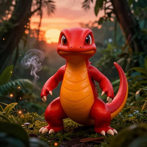 Digital CGI of a red, yellow-bellied, small dinosaur-like creature with large eyes, standing in a lush, glowing forest at sunset, smoking