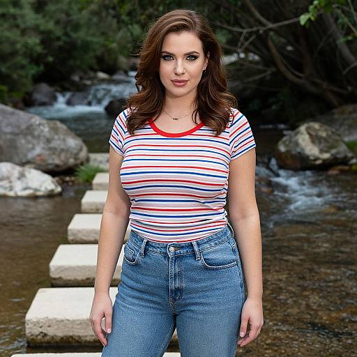 Photograph of a brunette woman with wavy hair, wearing a striped shirt and blue jeans, standing in a forest by a rocky stream with stepping stones