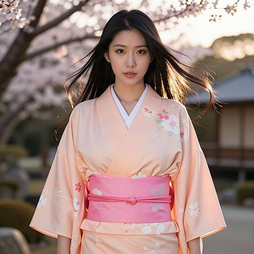 Photograph of an Asian woman with long black hair, wearing a peach kimono with pink obi, standing in a cherry blossom garden at sunset.