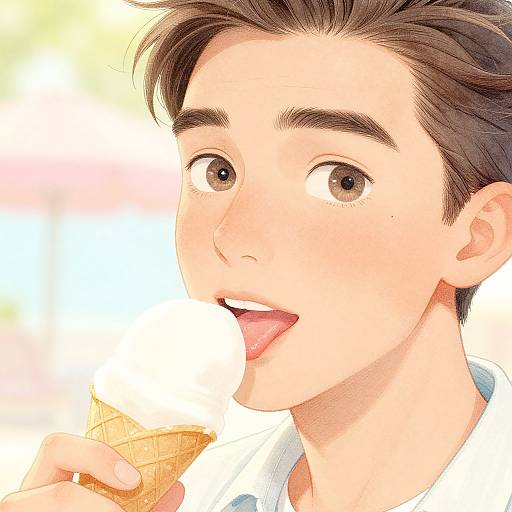 Digital anime-style drawing of a young man with short brown hair, large brown eyes, and fair skin, licking an ice cream cone against a soft,