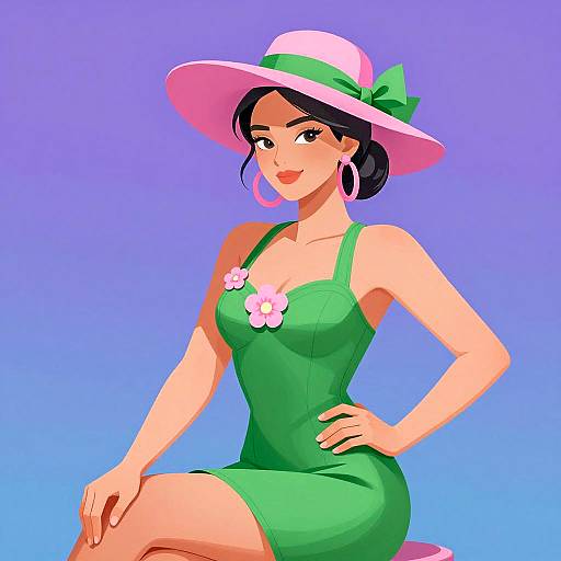 Stylish Woman in Green Dress and Pink Hat