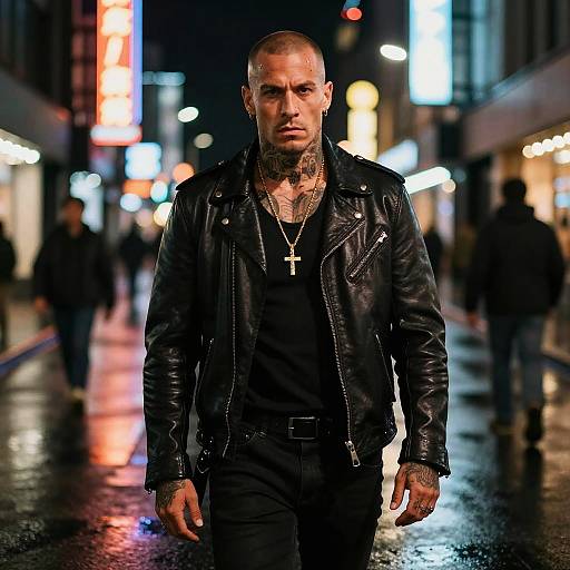 Photograph of a bald, tattooed man in a black leather jacket and cross necklace walking down a neon-lit, rainy city street at night,