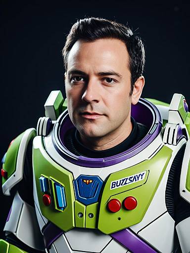Photograph of a man with short dark hair wearing colorful Buzz Lightyear astronaut suit, featuring green, white, and purple with red and blue buttons,