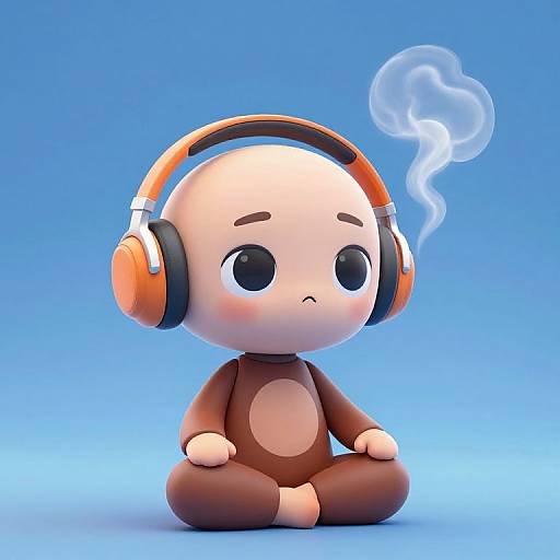Cute 3D CGI chibi monkey with orange headphones, sitting against blue background, blushing, with a small puff of smoke near its head
