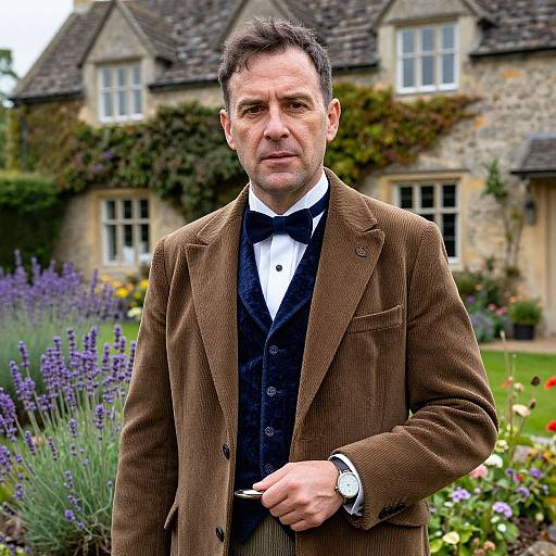 Photograph of a middle-aged man with short dark hair, wearing a brown corduroy jacket, black vest, and bow tie, standing in front