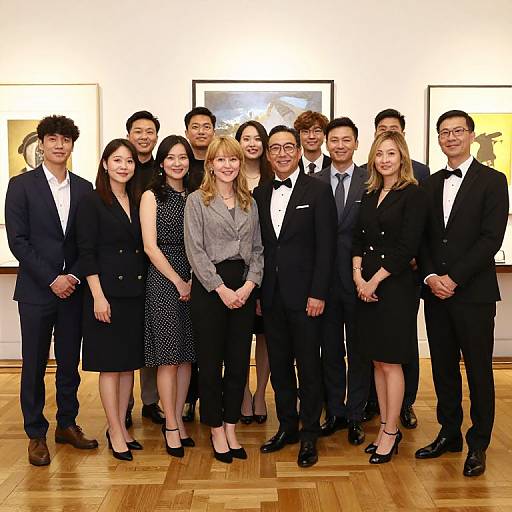 Photograph of a diverse group of 12 professionals, 6 men and 6 women, in formal attire, smiling in an art gallery with framed