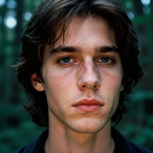 Close-up photograph of a young man with fair skin, blue eyes, dark brown wavy hair, and a serious expression, set against a blurred forest