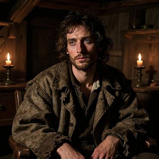 Photograph of a rugged, bearded man with messy dark hair, wearing a worn, brown, medieval-style jacket, seated in dimly lit,