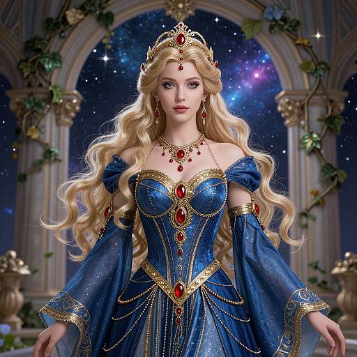 Digital fantasy artwork of a blonde princess with long waves, wearing a blue, gold-embellished off-shoulder gown, red jewels, and
