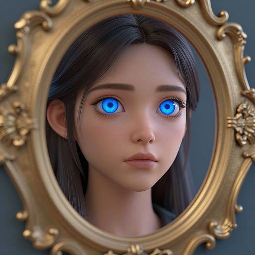Digital artwork of a young woman with glowing blue eyes, framed by an ornate gold oval mirror, black hair, fair skin, and a neutral expression