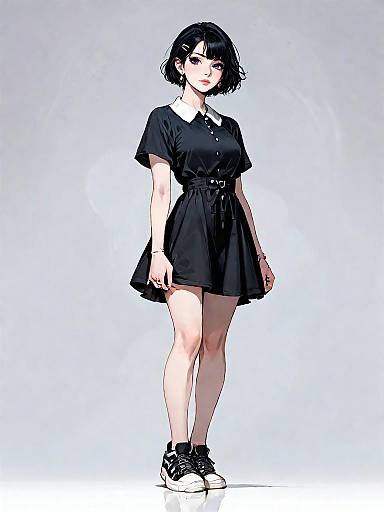 Young Woman in Black Mini Dress and Sneakers