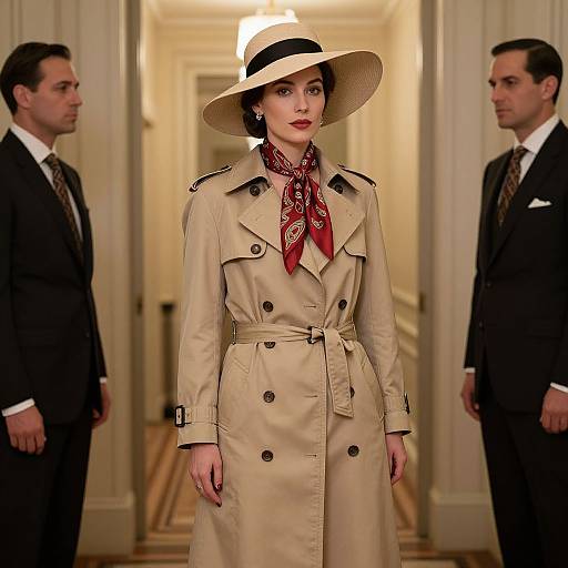 Photograph of a poised woman in a beige trench coat, red scarf, and wide-brimmed hat, flanked by two men in suits,