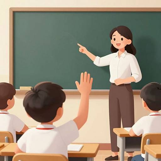 Digital illustration of an Asian female teacher with black hair, white shirt, and brown pants, pointing at a green chalkboard in a classroom with three students