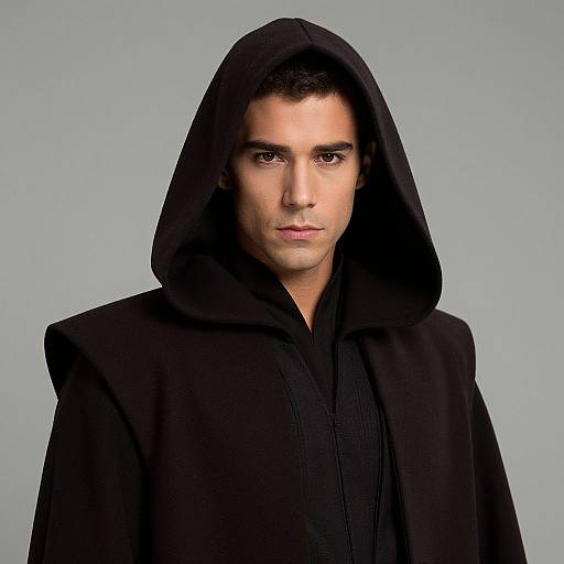 Photograph of a handsome, light-skinned man with short dark hair, wearing a black hooded cloak, against a plain light gray background.