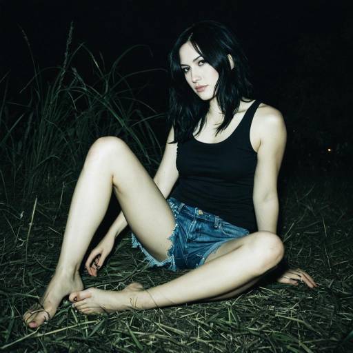 Young Woman in Denim Shorts Sitting Outdoors at Night