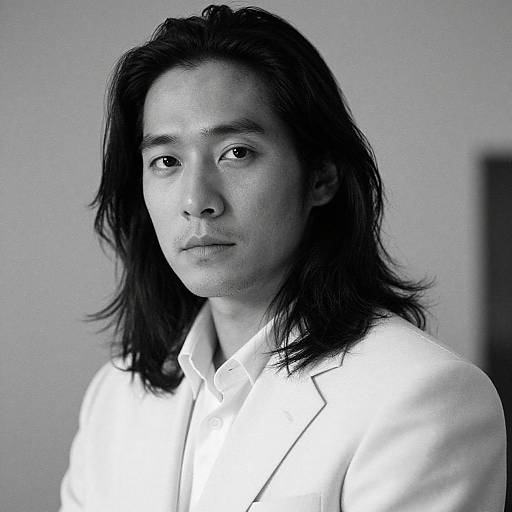 Black-and-white photograph of a serious Asian man with long, dark hair, wearing a white blazer over a white shirt, against a plain background.