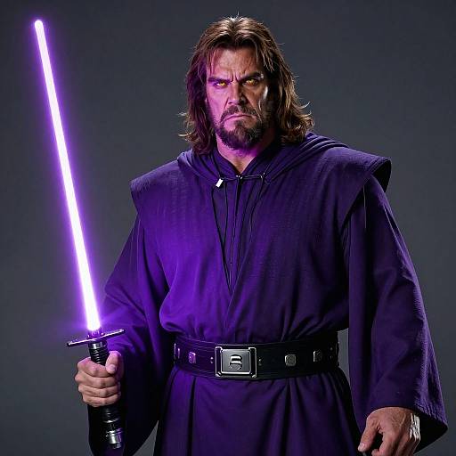 Photograph of a rugged, bearded man with long brown hair, wearing a dark blue Jedi robe, holding a glowing purple lightsaber, against a