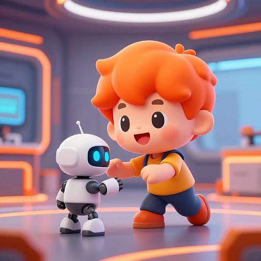 Chibi-style digital illustration of a cheerful orange-haired boy in an orange shirt and blue pants, high-fiving a white robot with blue eyes in a