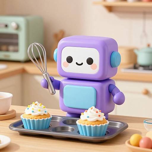 CGI cartoon of a purple, square robot with a white face, holding a whisk, baking cupcakes on a tray in a bright kitchen.