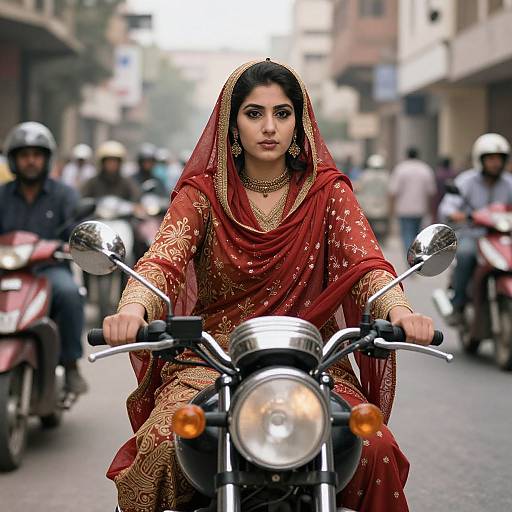 Photograph of a confident Indian woman in a red and gold traditional saree riding a motorcycle through a busy urban street.