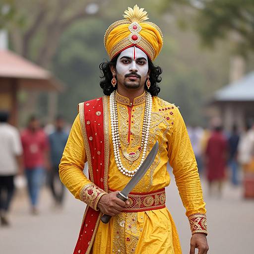 Photograph of a bearded Indian man in traditional Sikh attire, wearing a yellow turban and kurta, holding a dagger, with a red s