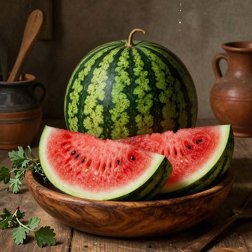 Photograph of a whole watermelon with green stripes, sliced watermelon, wooden bowl, parsley, clay pot, and wooden spoon on rustic table.