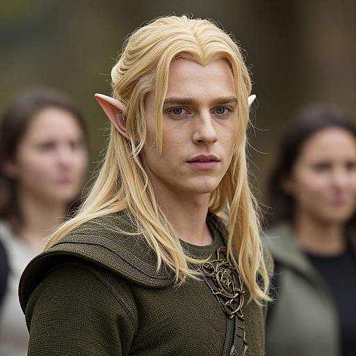 Photograph of a blonde, elf-like character with pointed ears, wearing a dark green, ornate medieval-style robe, standing in a blurred outdoor setting