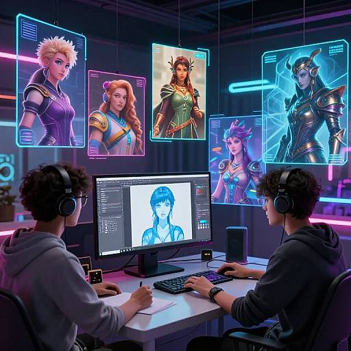 Digital artist in neon-lit room, wearing headphones, draws anime character on screen while holographic character portraits float above. Vibrant, futuristic.