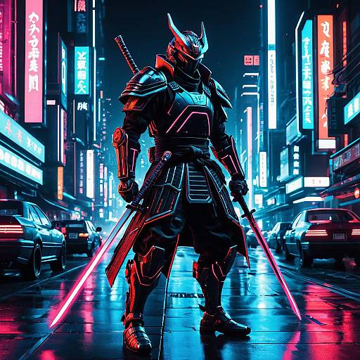 Biomechanical Samurai in Neon Cyberpunk City