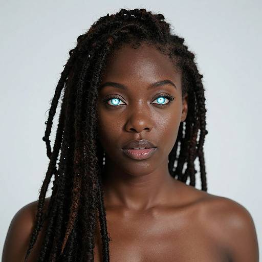 Photograph of a dark-skinned woman with glowing blue eyes, long black dreadlocks, and bare shoulders against a white background.