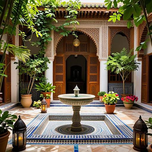 Photograph of a sunlit, ornate Moroccan courtyard with a central fountain, intricate wooden archway, blue-tiled floor, potted plants,
