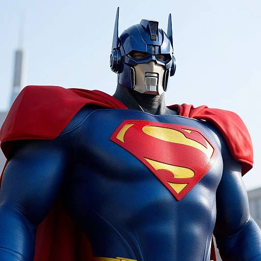 Photorealistic CGI of Batman in blue armored suit with red cape and yellow-red Superman emblem, standing against bright, blurred sky.