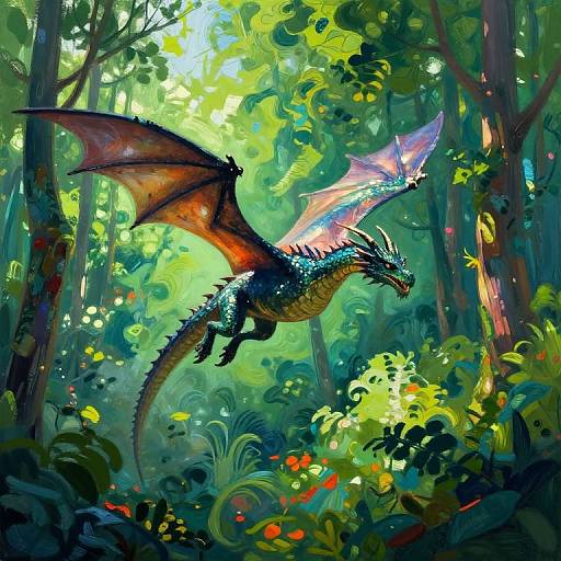 Vibrant digital painting of a red-and-blue dragon with iridescent wings soaring through a lush, sunlit forest filled with colorful foliage and light
