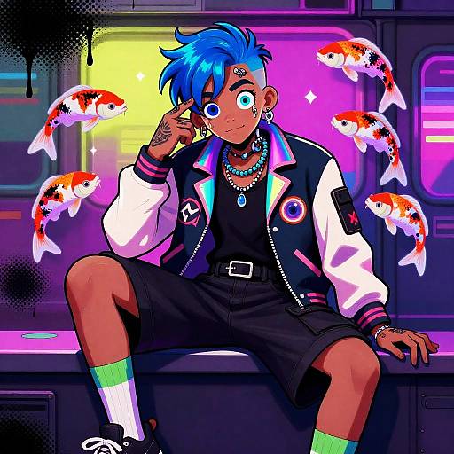 Neon Pop Art Street Magician with Holographic Koi