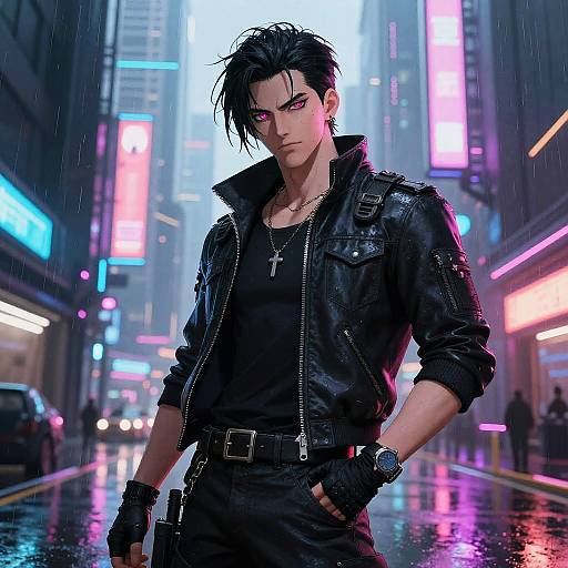 Digital anime-style drawing of a handsome, dark-haired man with pink eyes, wearing a black leather jacket and black shirt, standing in a neon-lit