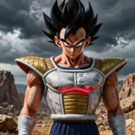 Digital artwork of intense, muscular, black-haired Saiyan warrior with spiky hair, gold armor, and glowing red chest emblem, standing in rocky desert