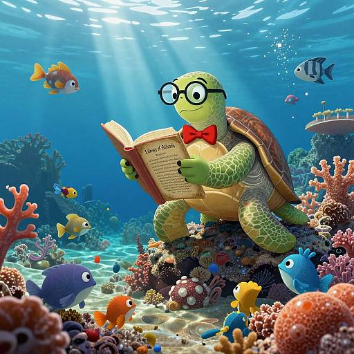 Digital illustration of a cartoon turtle wearing glasses and a red bowtie, reading a book underwater amidst colorful coral reefs and various fish.