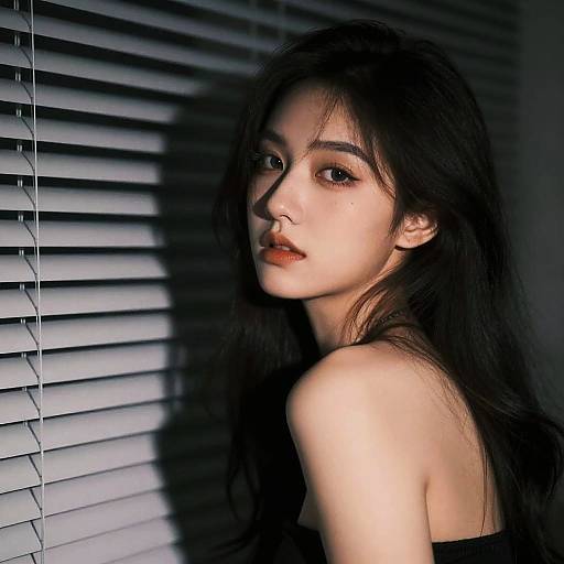 Photograph of a young Asian woman with long black hair, pale skin, and red lips, looking over her shoulder against dark blinds.