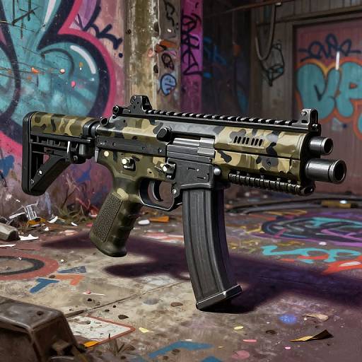 Photorealistic digital artwork of a camo-patterned, futuristic submachine gun with a silencer on a graffiti-covered, urban, abandoned floor.